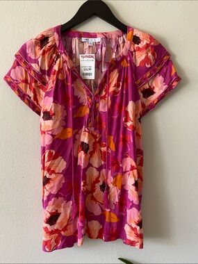 DR2 Pink & Coral Floral Split-Neck Tunic